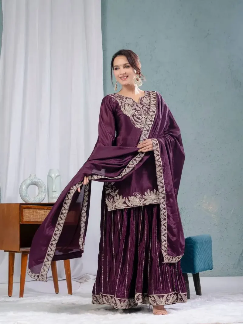 Chinnon Silk Heavy Embroidery Coding Sequence Work Party Wear Sharara Dress