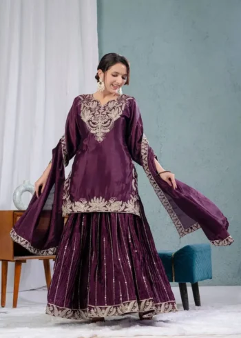 Chinnon Silk Heavy Embroidery Coding Sequence Work Party Wear Sharara Dress