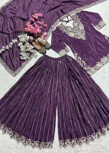 Chinnon Silk Heavy Embroidery Coding Sequence Work Party Wear Sharara Dress
