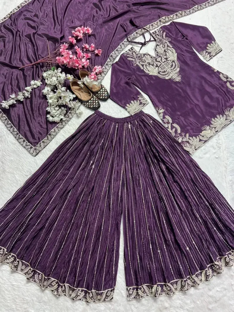 Chinnon Silk Heavy Embroidery Coding Sequence Work Party Wear Sharara Dress