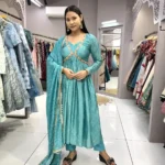 Chinon Embroidery Lace Designer Sky Blue Bandhani Gown