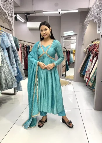 Chinon Embroidery Lace Designer Sky Blue Bandhani Gown