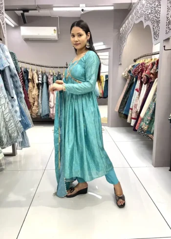 Chinon Embroidery Lace Designer Sky Blue Bandhani Gown