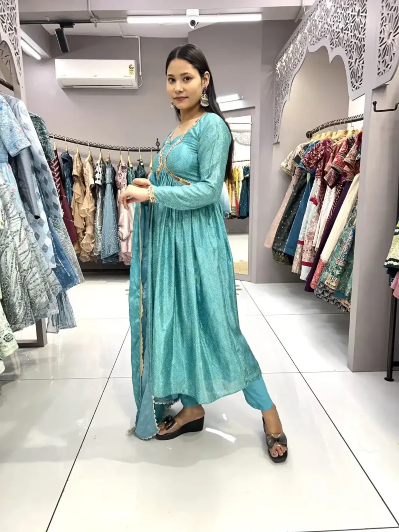 Chinon Embroidery Lace Designer Sky Blue Bandhani Gown