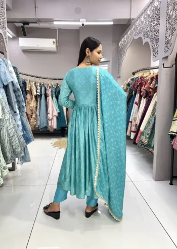 Chinon Embroidery Lace Designer Sky Blue Bandhani Gown