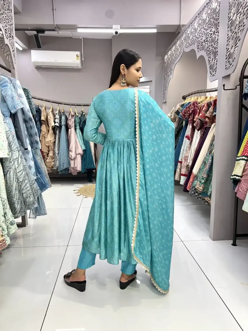 Chinon Embroidery Lace Designer Sky Blue Bandhani Gown