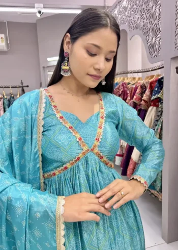 Chinon Embroidery Lace Designer Sky Blue Bandhani Gown