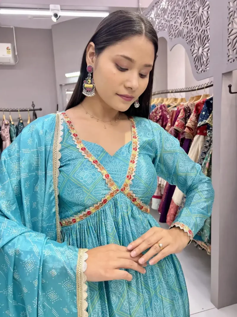 Chinon Embroidery Lace Designer Sky Blue Bandhani Gown