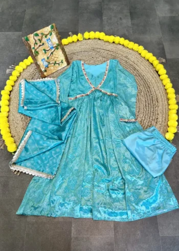 Chinon Embroidery Lace Designer Sky Blue Bandhani Gown