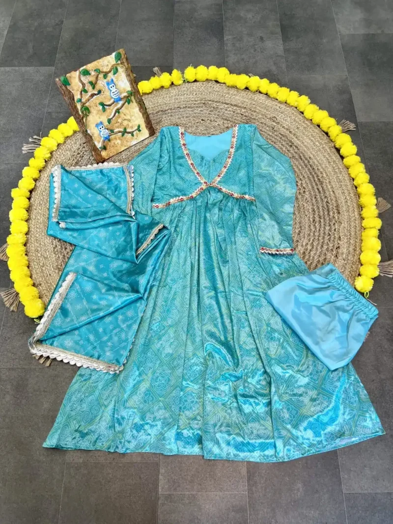 Chinon Embroidery Lace Designer Sky Blue Bandhani Gown