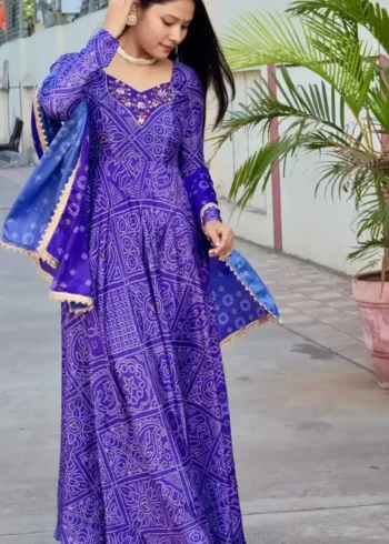 Chinon Heavy Hand Work Digital Printed Royal Blue Bandhani Gown
