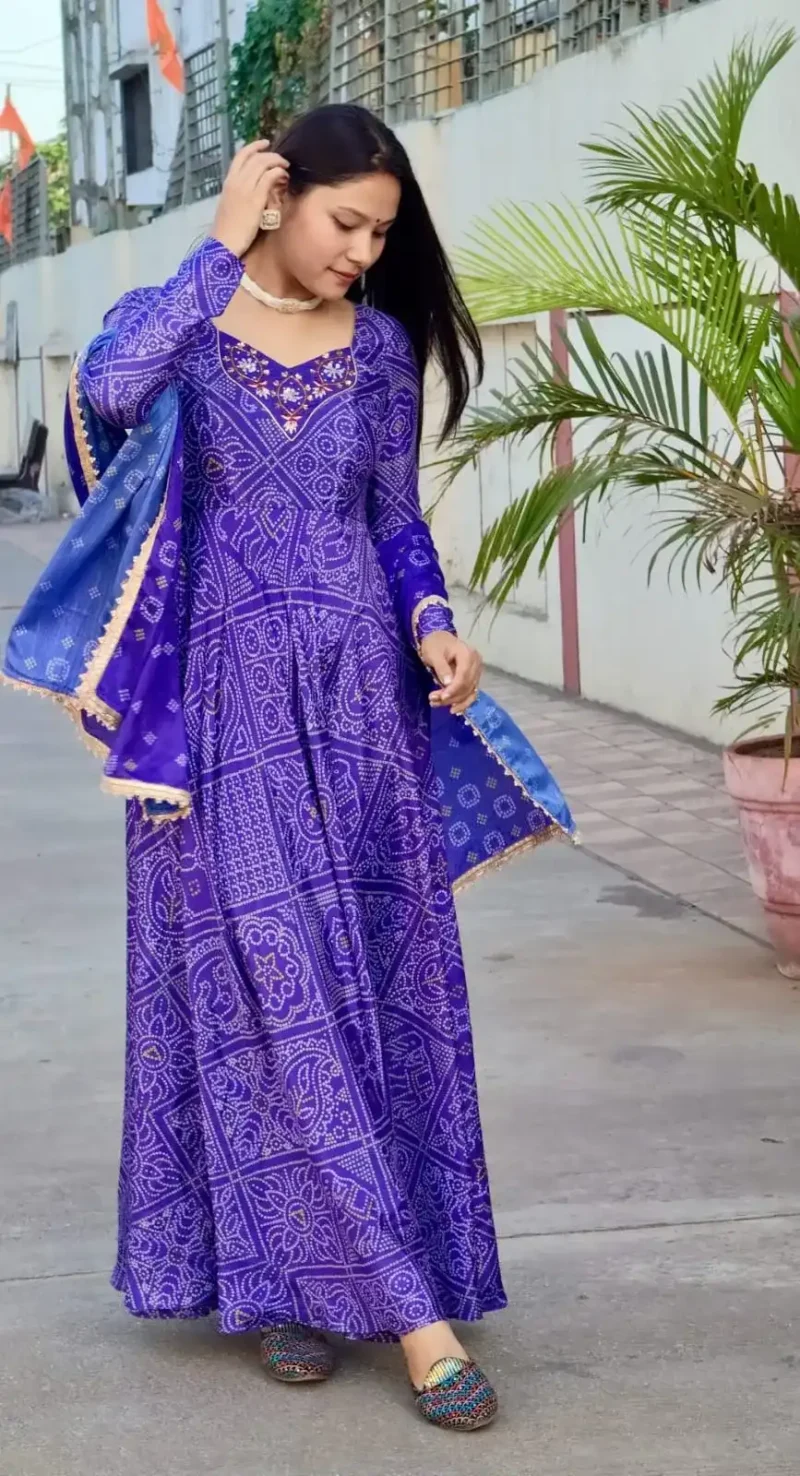 Chinon Heavy Hand Work Digital Printed Royal Blue Bandhani Gown