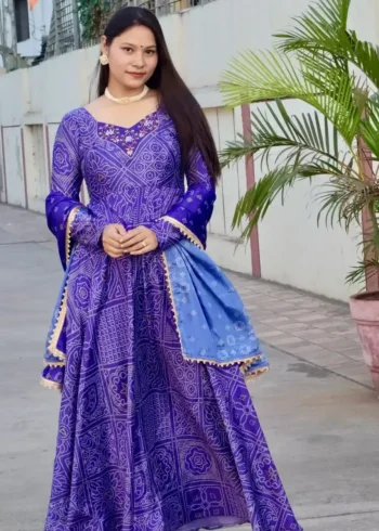 Chinon Heavy Hand Work Digital Printed Royal Blue Bandhani Gown