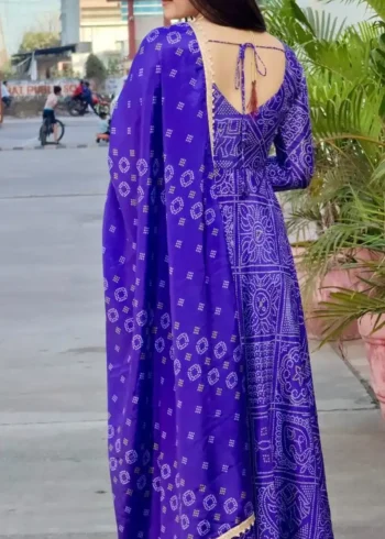 Chinon Heavy Hand Work Digital Printed Royal Blue Bandhani Gown