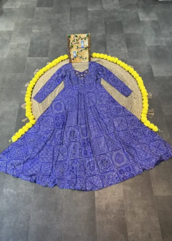 Chinon Heavy Hand Work Digital Printed Royal Blue Bandhani Gown