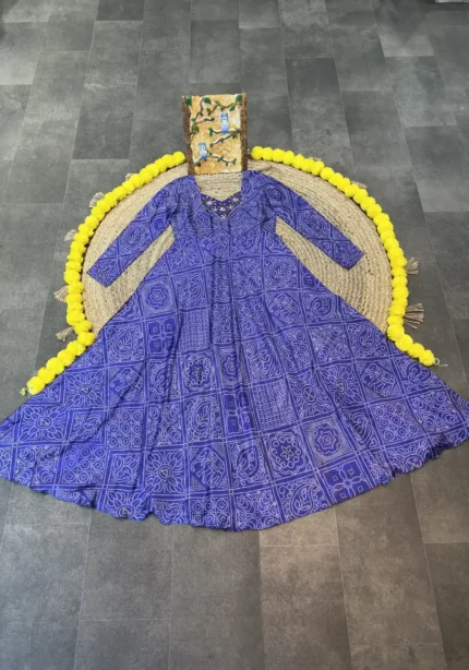 Chinon Heavy Hand Work Digital Printed Royal Blue Bandhani Gown