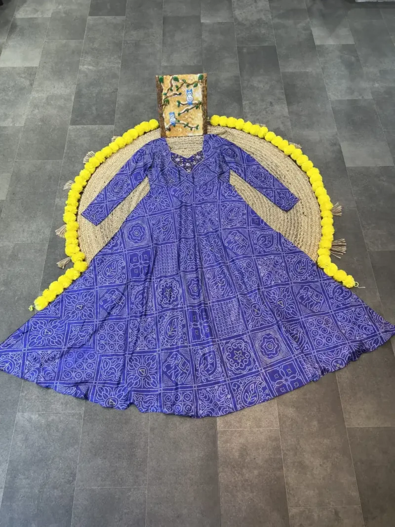 Chinon Heavy Hand Work Digital Printed Royal Blue Bandhani Gown