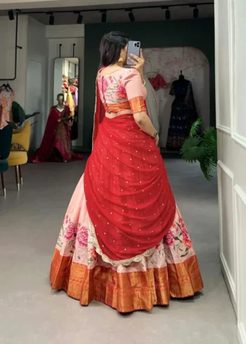 Cotton Silk Thread Embroidery Work Half Saree Pattu Lehenga