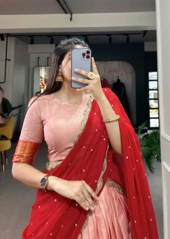 Cotton Silk Thread Embroidery Work Half Saree Pattu Lehenga