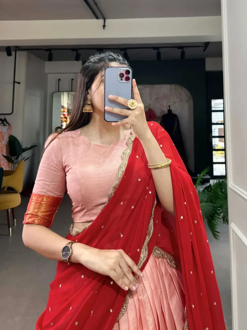 Cotton Silk Thread Embroidery Work Half Saree Pattu Lehenga