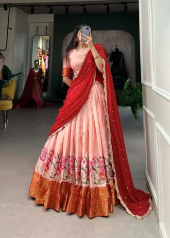 Cotton Silk Thread Embroidery Work Half Saree Pattu Lehenga