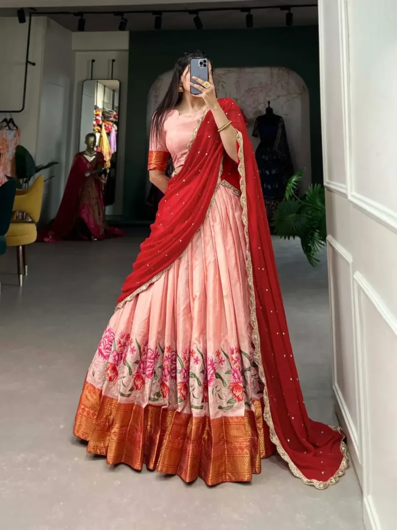 Cotton Silk Thread Embroidery Work Half Saree Pattu Lehenga