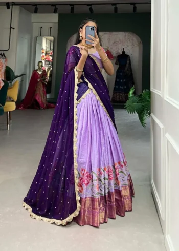 Cotton Silk Thread Embroidery Work Half Saree Pattu Lehenga