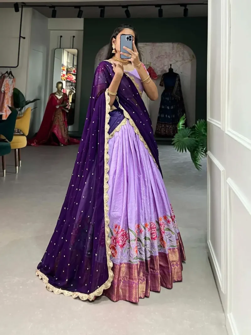 Cotton Silk Thread Embroidery Work Half Saree Pattu Lehenga