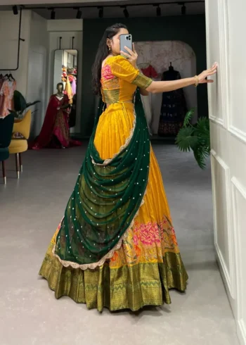 Cotton Silk Thread Embroidery Work Half Saree Pattu Lehenga