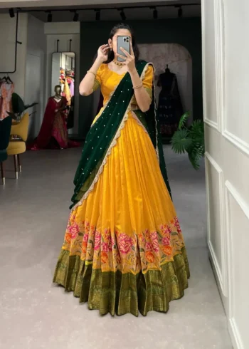 Cotton Silk Thread Embroidery Work Half Saree Pattu Lehenga