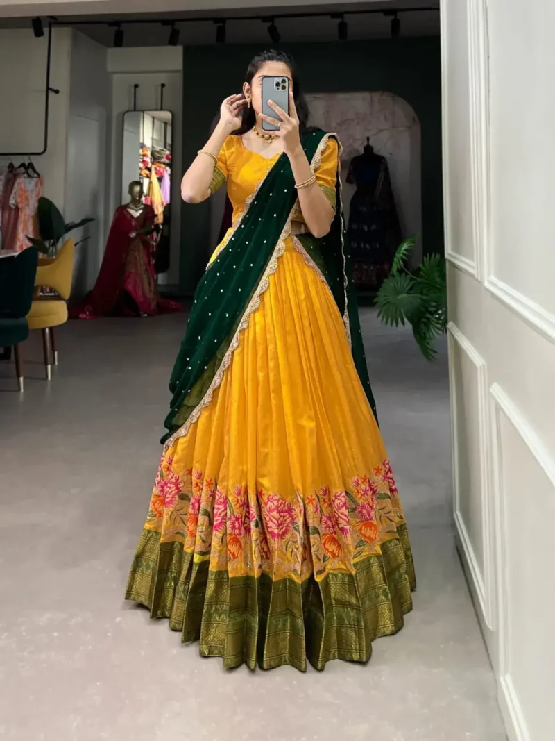Cotton Silk Thread Embroidery Work Half Saree Pattu Lehenga
