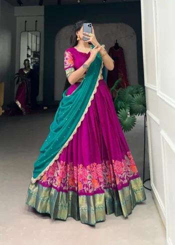 Cotton Silk Thread Embroidery Work Half Saree Pattu Lehenga