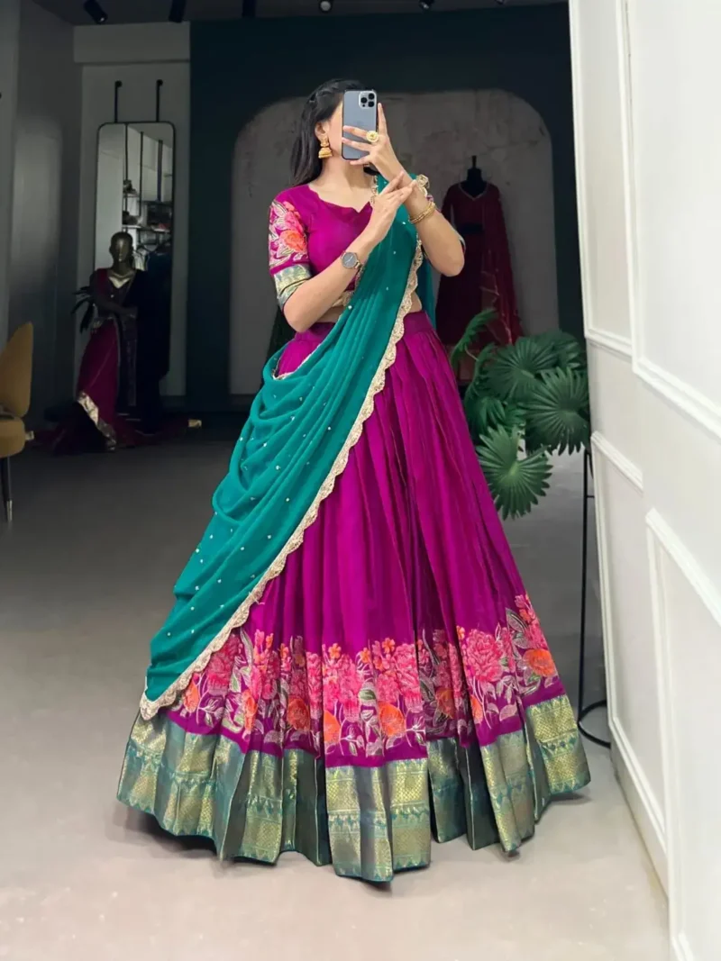 Cotton Silk Thread Embroidery Work Half Saree Pattu Lehenga