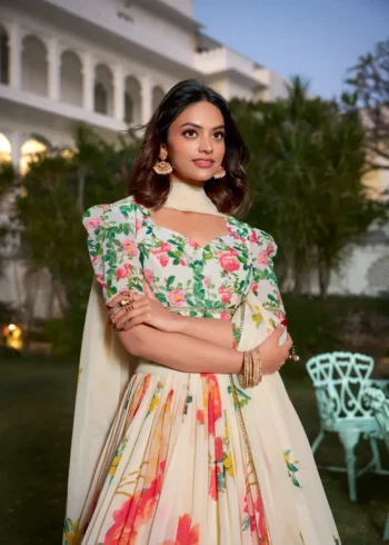 Cream Color Floral Printed Georgette Party Wear Lehenga