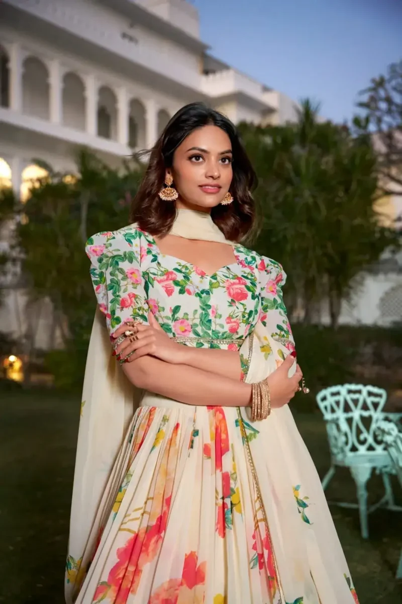 Cream Color Floral Printed Georgette Party Wear Lehenga