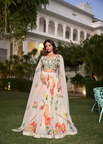 Cream Color Floral Printed Georgette Party Wear Lehenga