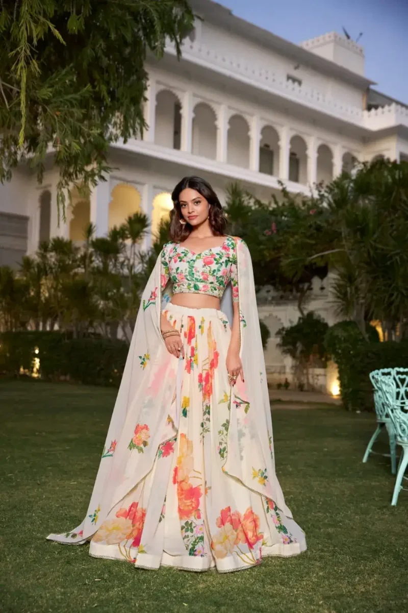 Cream Color Floral Printed Georgette Party Wear Lehenga