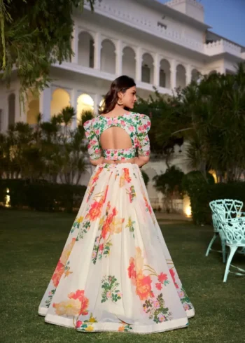 Cream Color Floral Printed Georgette Party Wear Lehenga