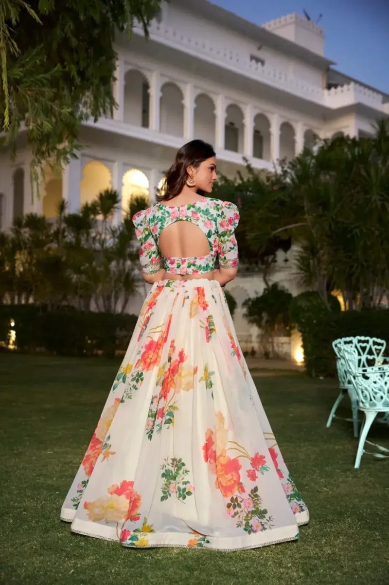 Cream Color Floral Printed Georgette Party Wear Lehenga