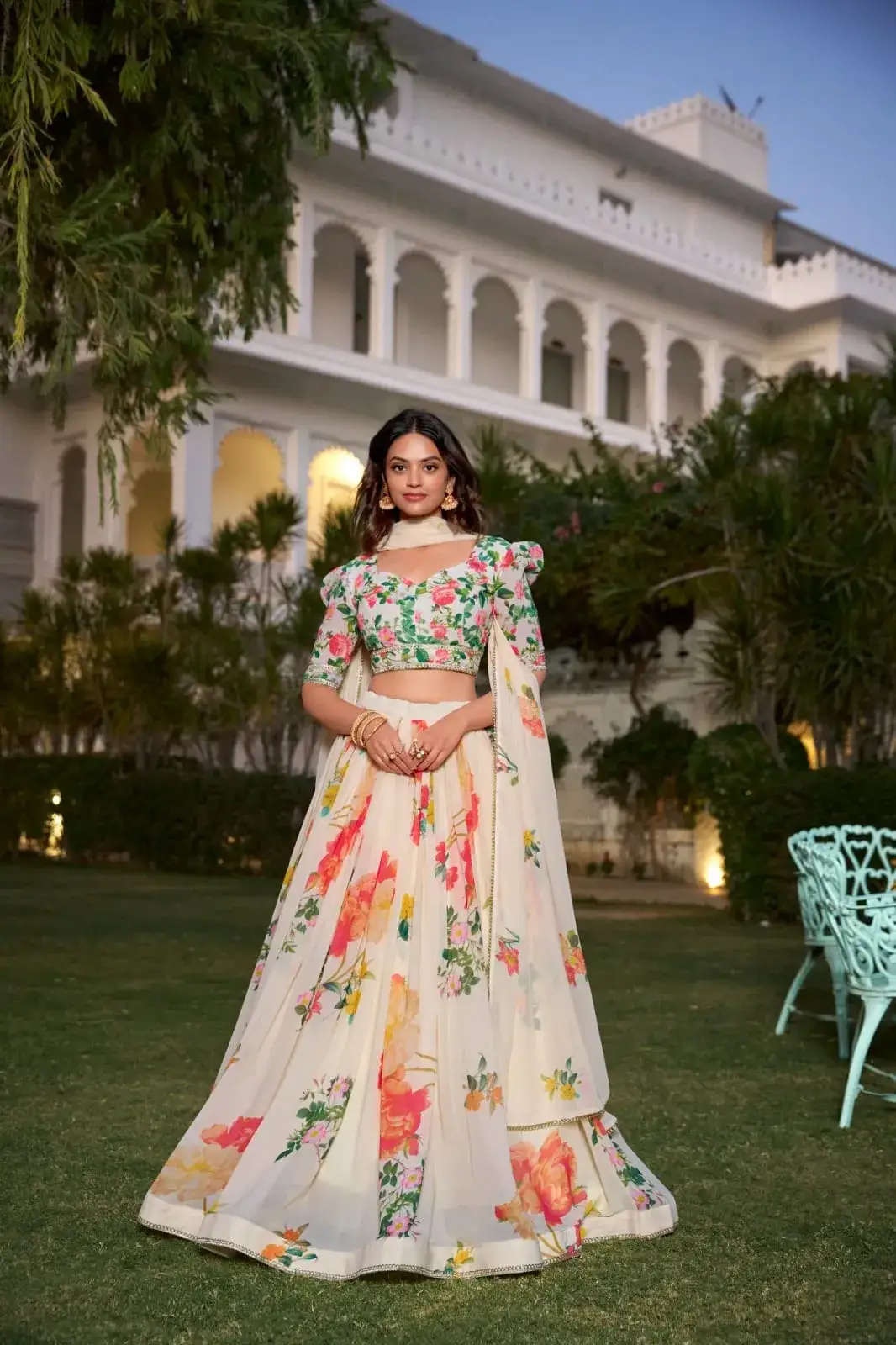 Cream Color Floral Printed Georgette Party Wear Lehenga