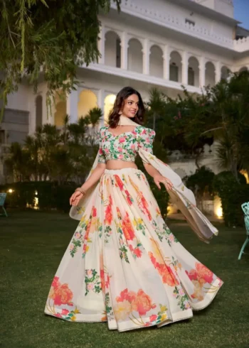 Cream Color Floral Printed Georgette Party Wear Lehenga