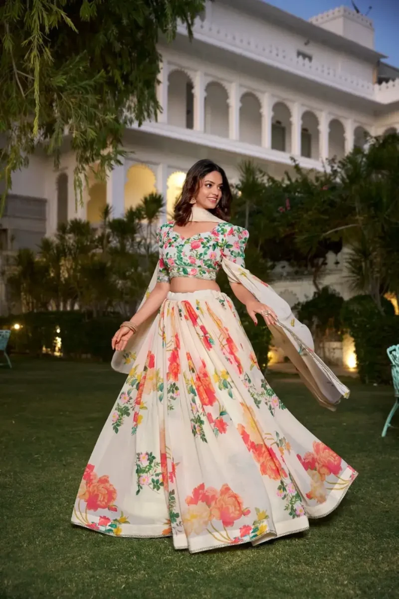 Cream Color Floral Printed Georgette Party Wear Lehenga