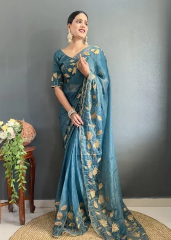 Designer Gold Coin Embroidery Zari Stone Work 1 Minute Saree