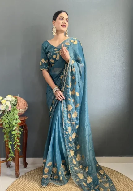 Designer Gold Coin Embroidery Zari Stone Work 1 Minute Saree