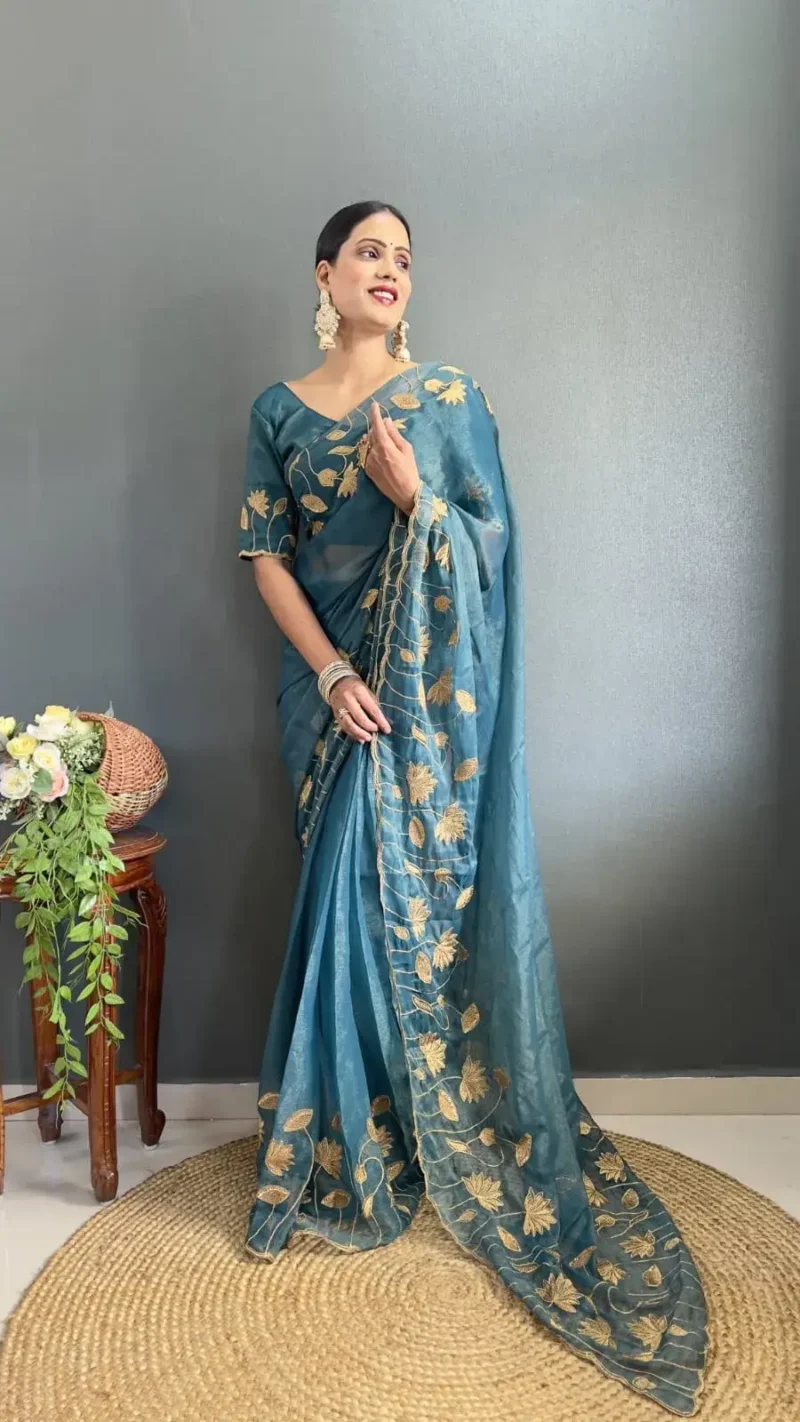 Designer Gold Coin Embroidery Zari Stone Work 1 Minute Saree