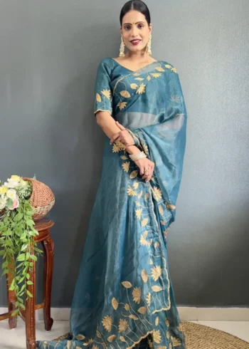 Designer Gold Coin Embroidery Zari Stone Work 1 Minute Saree