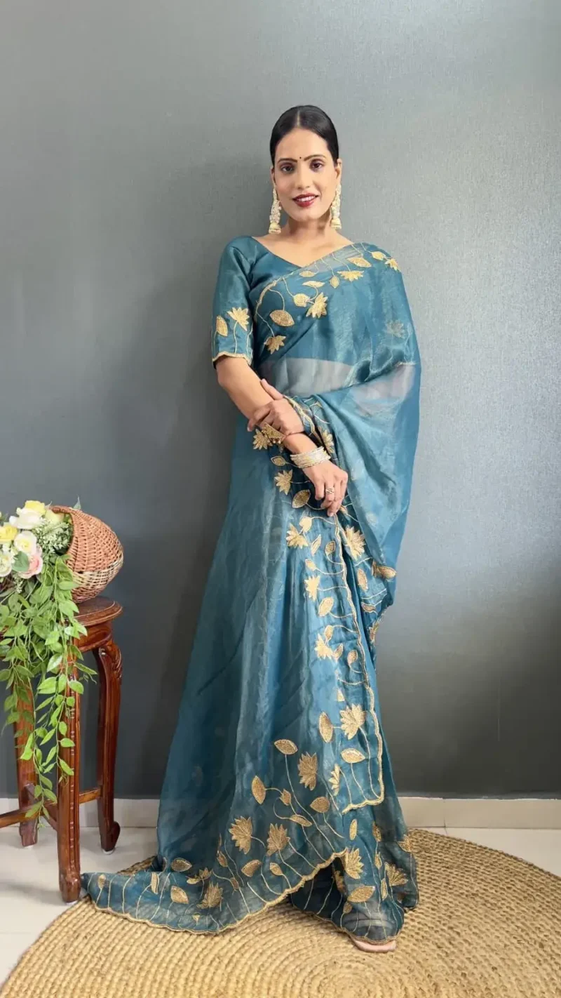 Designer Gold Coin Embroidery Zari Stone Work 1 Minute Saree