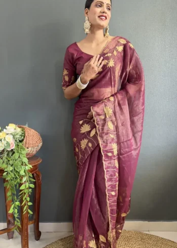 Designer Gold Coin Embroidery Zari Stone Work 1 Minute Saree