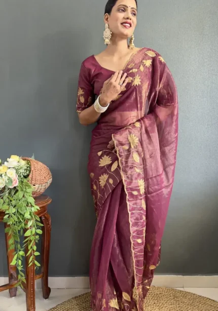 Designer Gold Coin Embroidery Zari Stone Work 1 Minute Saree