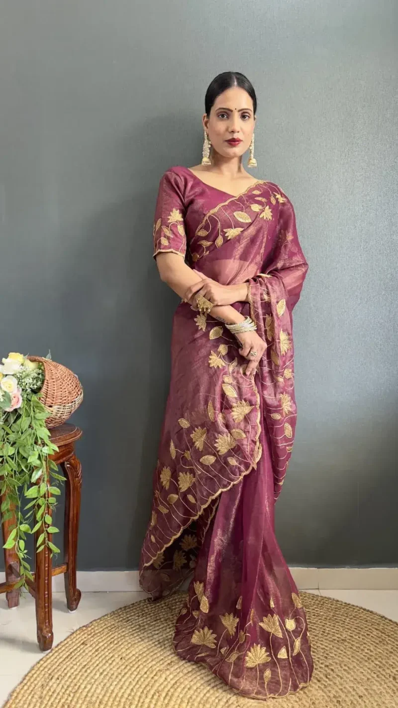 Designer Gold Coin Embroidery Zari Stone Work 1 Minute Saree